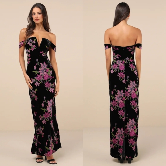 Lulus Enchanting You Black Burnout Velvet Off-the-Shoulder Maxi Dress S Wedding - Picture 1 of 10